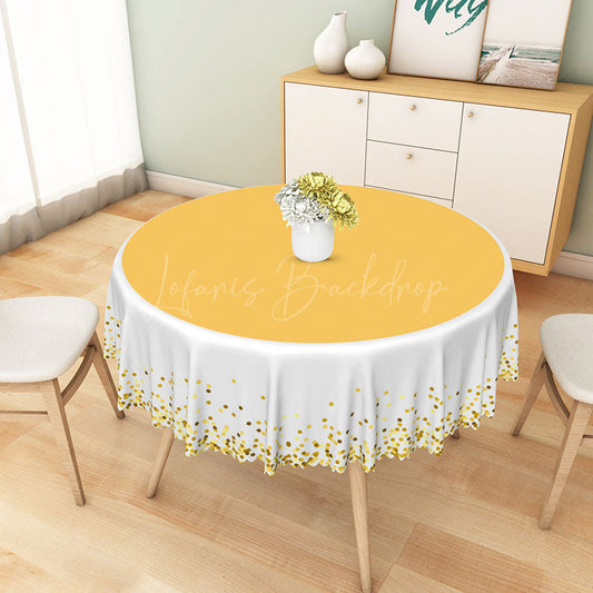 Lofaris Yellow and Gold Polka Dot Round Tablecloth on White for Cheerful Summer Birthday Party Decor