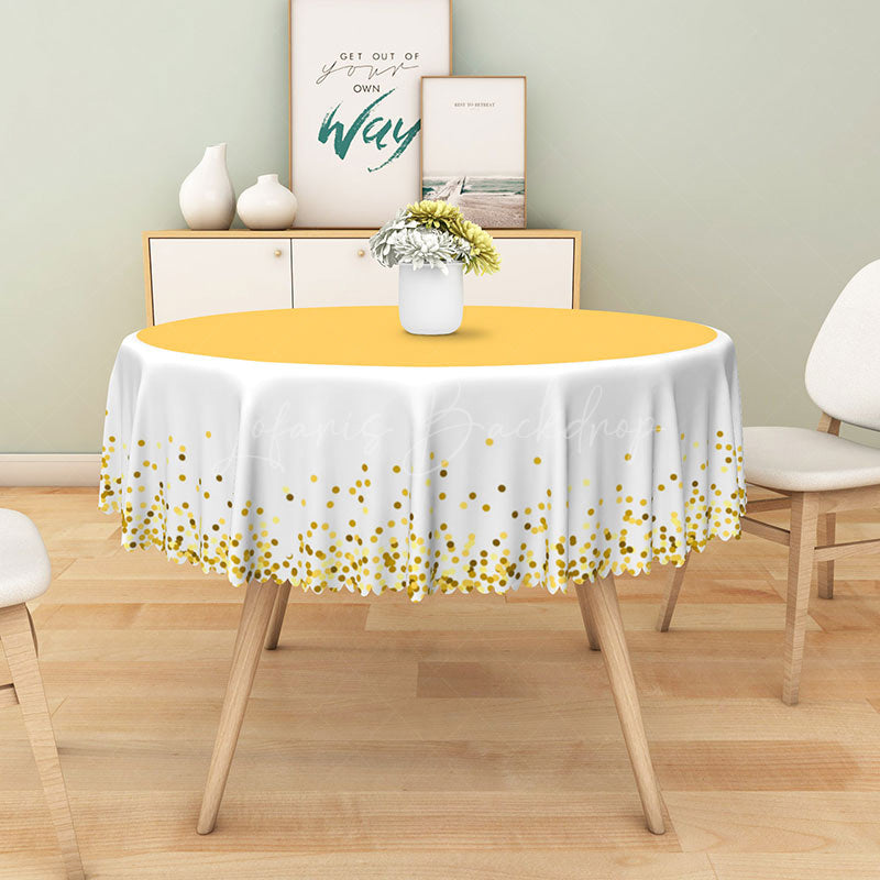 Lofaris Yellow and Gold Polka Dot Round Tablecloth on White for Cheerful Summer Birthday Party Decor