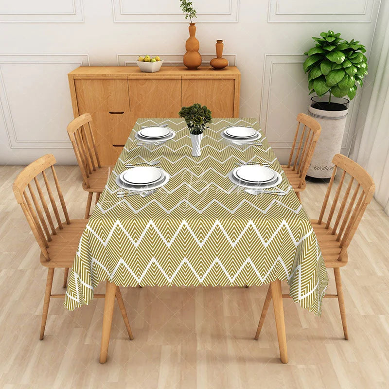 Lofaris Yellow and White Zigzag Geometric Lines Rectangle Tablecloth Boho Style Dining Room Decor Washable Kitchen Table Cover