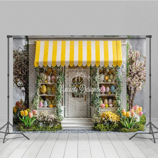 Lofaris Yellow Awning Storefront Easter Photography Backdrop Spring Tulips and Pastel Eggs Studio Background