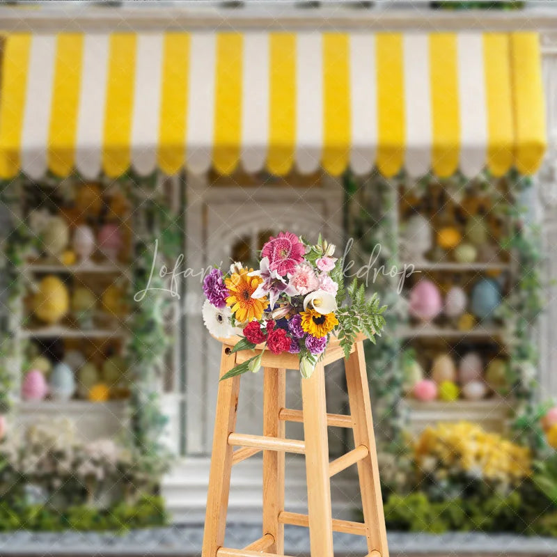 Lofaris Yellow Awning Storefront Easter Photography Backdrop Spring Tulips and Pastel Eggs Studio Background