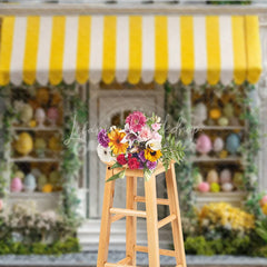Lofaris Yellow Awning Storefront Easter Photography Backdrop Spring Tulips and Pastel Eggs Studio Background