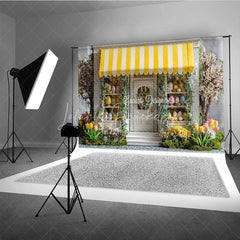Lofaris Yellow Awning Storefront Easter Photography Backdrop Spring Tulips and Pastel Eggs Studio Background
