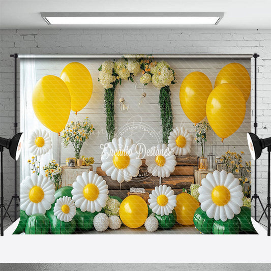 Lofaris Yellow Balloon Flowers Cake Smash Spring Backdrop