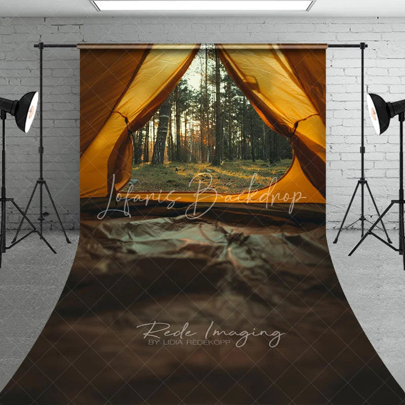 Lofaris Yellow Camping Tent Inside View Backdrop Pine Forest Sunset Nature Landscape Adventure Photography Background