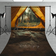 Lofaris Yellow Camping Tent Inside View Backdrop Pine Forest Sunset Nature Landscape Adventure Photography Background