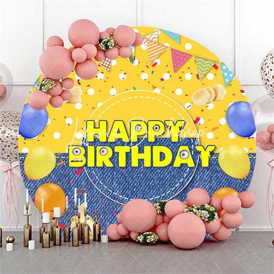 Lofaris Yellow Cartoon Happy Birthday Round Backdrop Playful Googly Eyes Denim Bananas Balloons Party Decorations for Kids