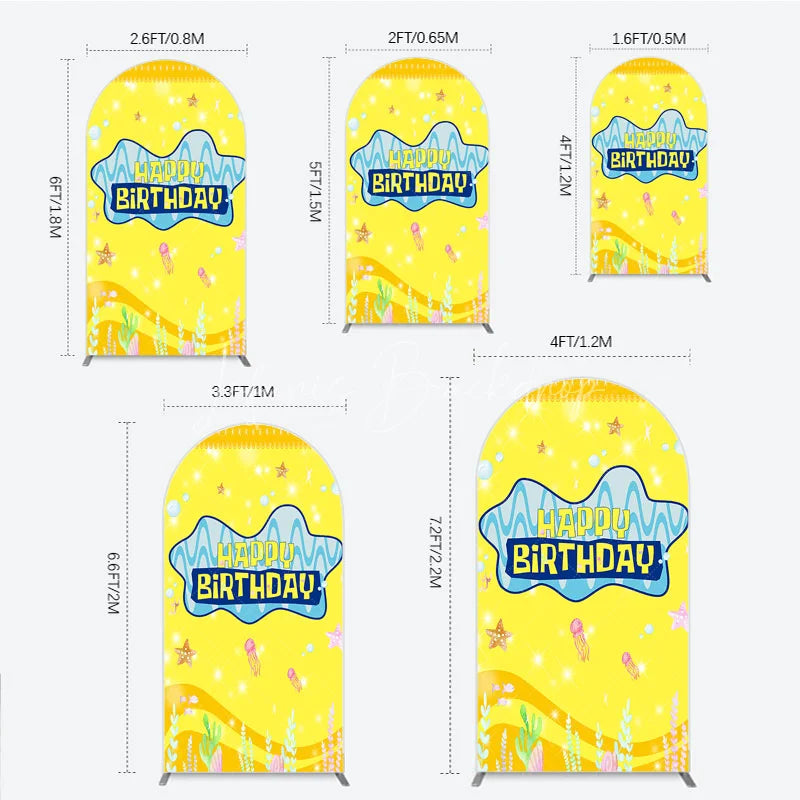 Lofaris Yellow Cartoon Ocean Arch Backdrop Blue Waves Starfish Jellyfish Background Happy Birthday Kids Party Cover Decor