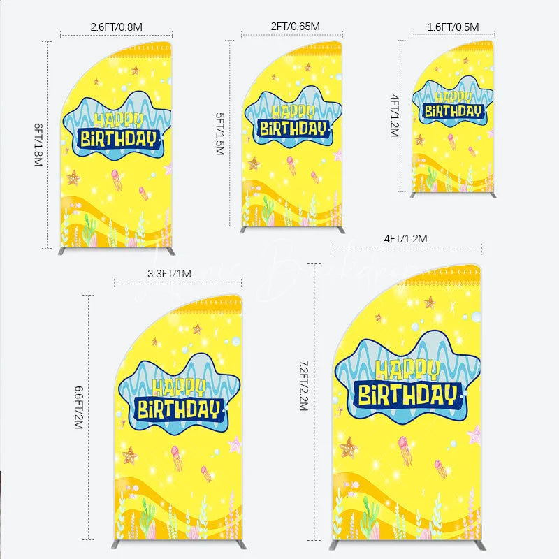 Lofaris Yellow Cartoon Ocean Half Moon Arch Backdrop Blue Waves Starfish Jellyfish Background Happy Birthday Kids Party Cover Decor