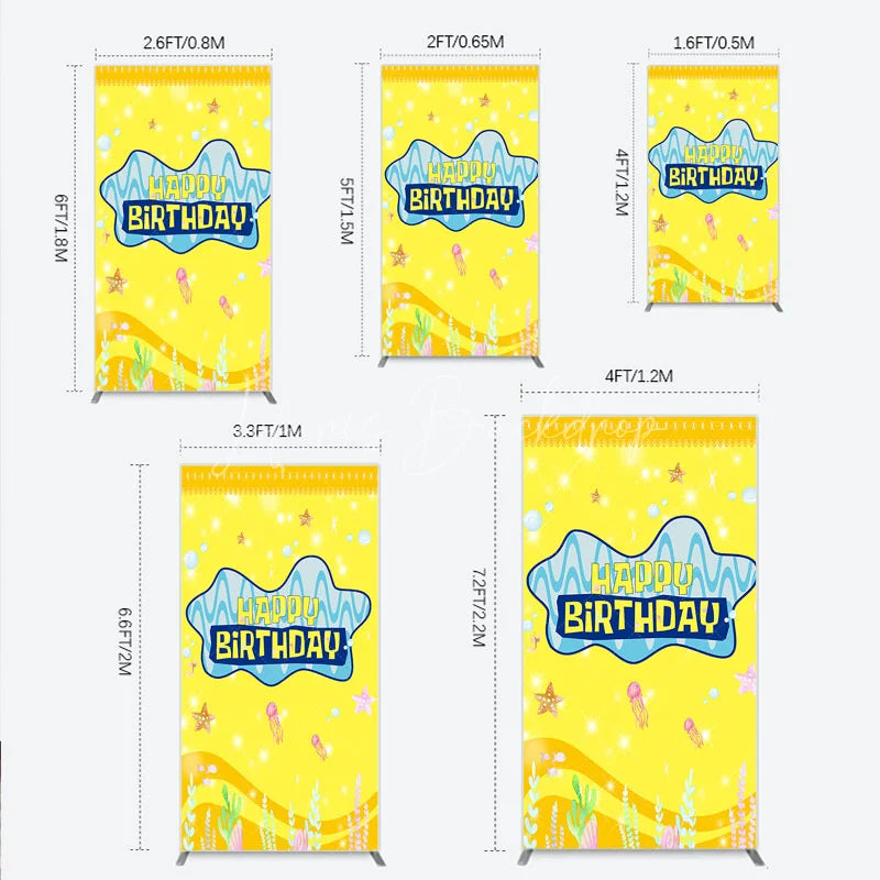 Lofaris Yellow Cartoon Ocean Rectangle Backdrop Blue Waves Starfish Jellyfish Background Happy Birthday Kids Party Cover Decor