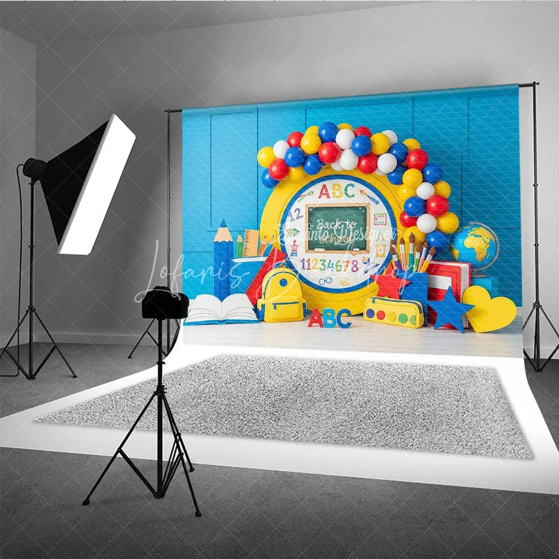 Lofaris Yellow Chalkboard ABC Back To School Backdrop Primary Colors Balloon Arch Ruler Background Kids Photography Prop