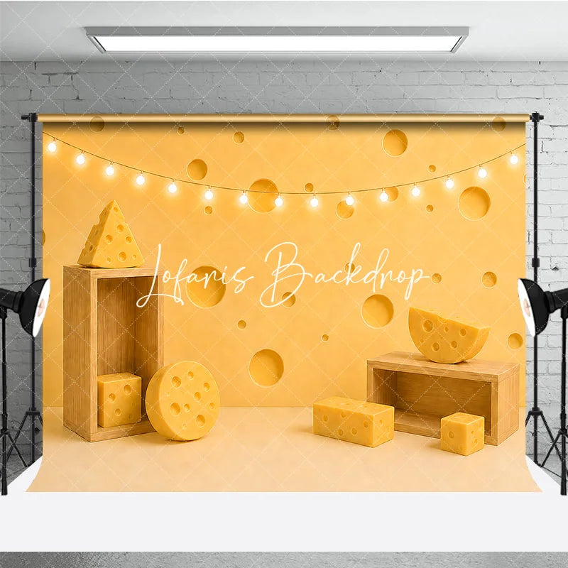 Lofaris Yellow Cheese Hole Photography Backdrop with Fairy Lights and Wooden Props for Birthday Party Decor