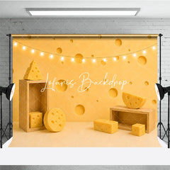 Lofaris Yellow Cheese Hole Photography Backdrop with Fairy Lights and Wooden Props for Birthday Party Decor