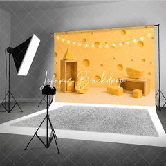 Lofaris Yellow Cheese Hole Photography Backdrop with Fairy Lights and Wooden Props for Birthday Party Decor
