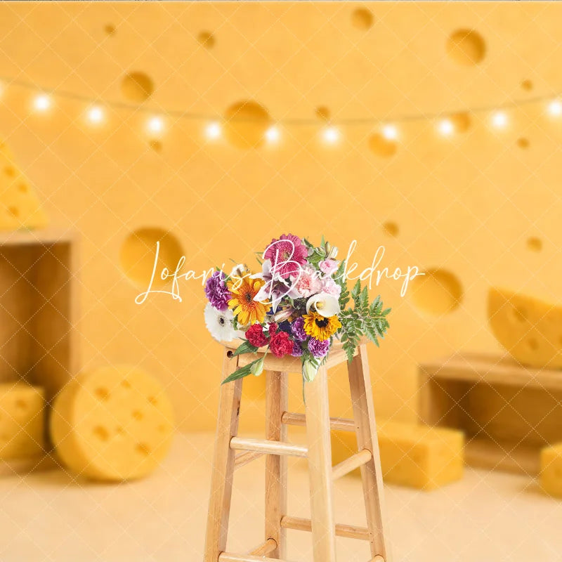 Lofaris Yellow Cheese Hole Photography Backdrop with Fairy Lights and Wooden Props for Birthday Party Decor
