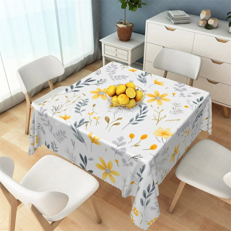 Lofaris Yellow Daisy and Autumn Leaves Rectangle Tablecloth White Floral Pattern Table Cover for Kitchen