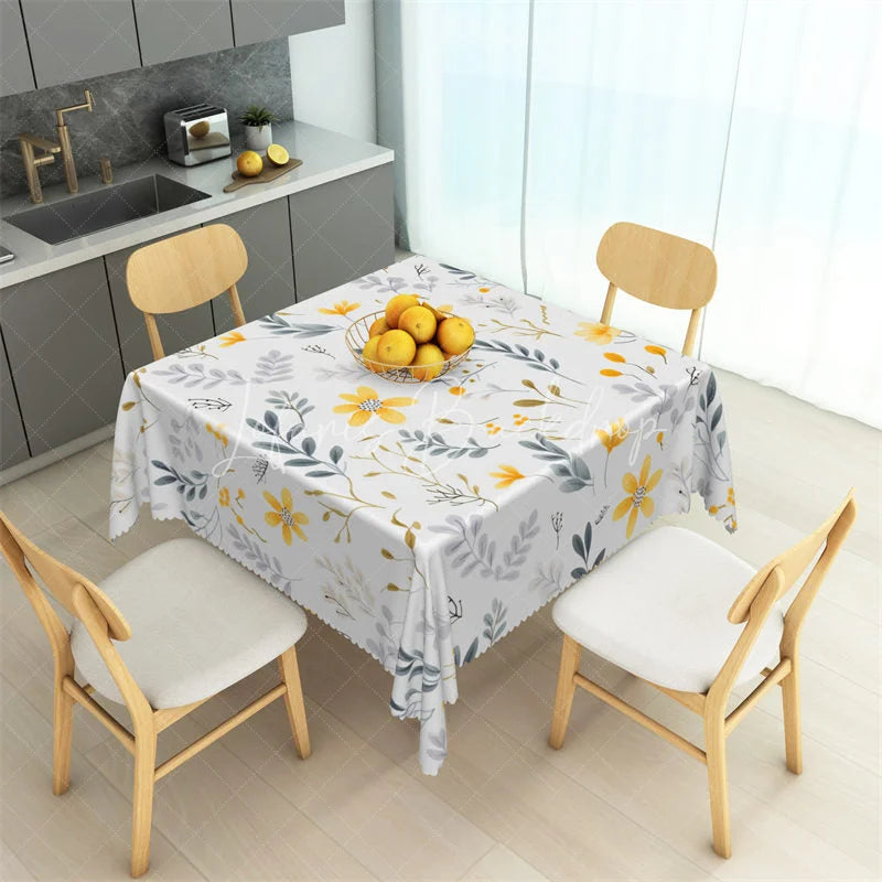 Lofaris Yellow Daisy and Autumn Leaves Rectangle Tablecloth White Floral Pattern Table Cover for Kitchen