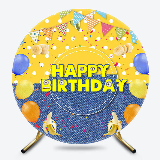 Lofaris Yellow Dots Denim Balloons Round Birthday Backdrop