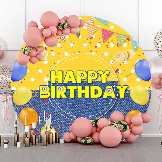 Lofaris Yellow Dots Denim Balloons Round Birthday Backdrop