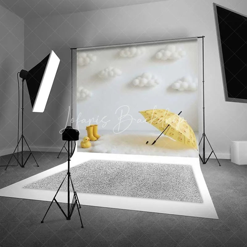 Lofaris Yellow Duck Cake Smash Backdrop White Fluffy Clouds Umbrella Photography Background Baby Shower Photo Prop