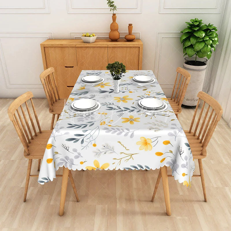 Lofaris Yellow Flower Botanical Rectangle Tablecloth Grey Leaf Floral Dining Table Cover for Kitchen