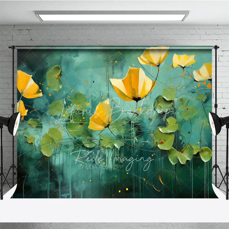 Lofaris Yellow Flower Fine Art Backdrop Teal Green Abstract Pond Oil Painting Style Background Artistic Photography