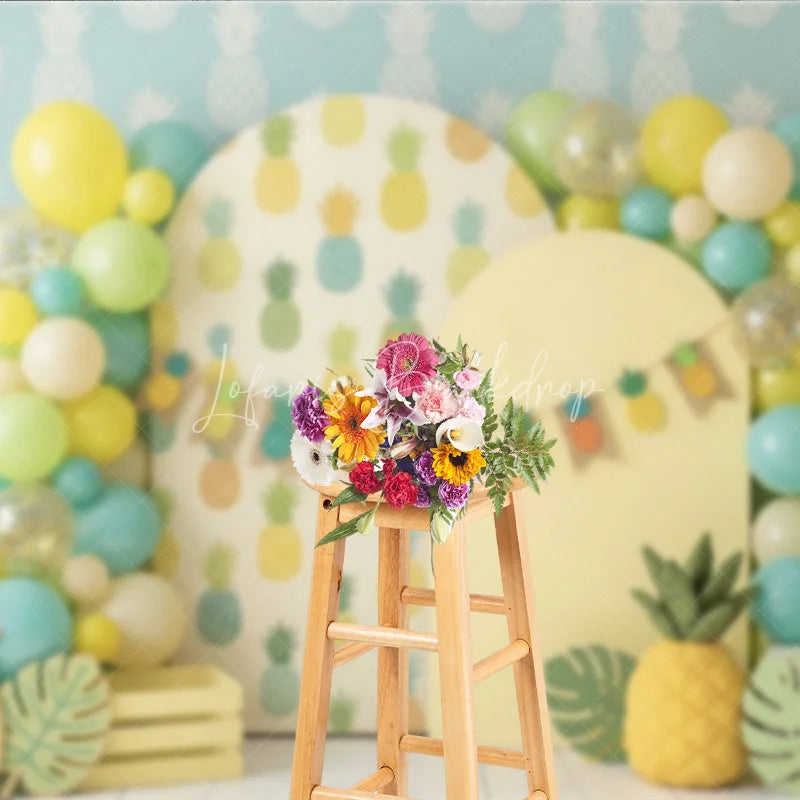 Lofaris Yellow Green Blue Pineapple Pattern Photography Backdrop Tropical Summer Party Decor with Balloons