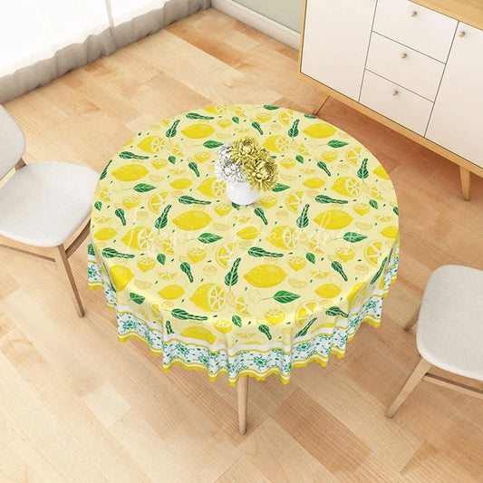 Lofaris Yellow Lemon and Green Leaf Pattern Round Tablecloth Fresh Fruit Kitchen Dining Decor