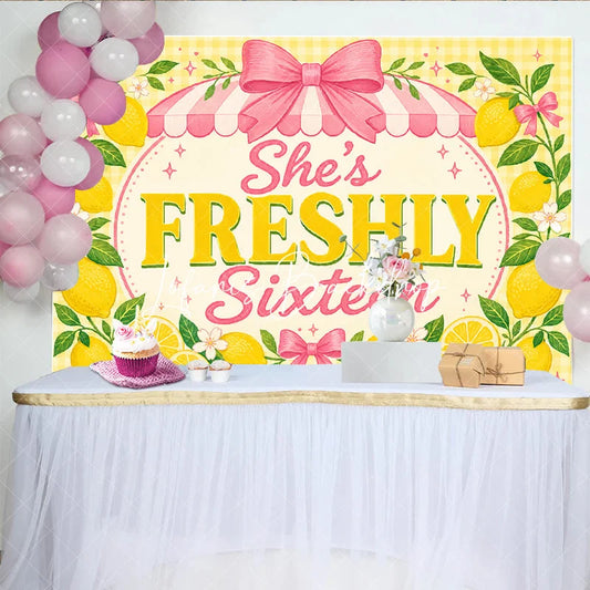 Lofaris Yellow Lemon Freshly Sixteen Birthday Backdrop with Pink Bows and Striped Awning Sweet 16 Party Decor