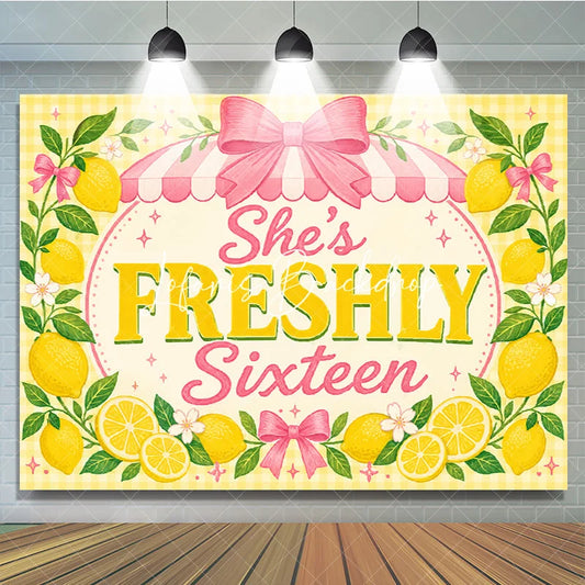 Lofaris Yellow Lemon Freshly Sixteen Birthday Backdrop with Pink Bows and Striped Awning Sweet 16 Party Decor