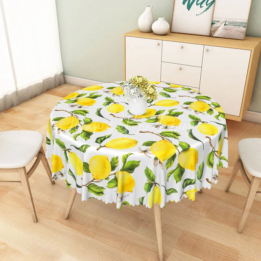 Lofaris Yellow Lemon Round Tablecloth Fresh Fruit and Green Leaves Summer Kitchen Dining Decor