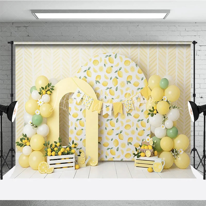 Lofaris Yellow Lemon Theme Photography Backdrop with Arch Props and Balloon Garland for Baby Shower or Birthday