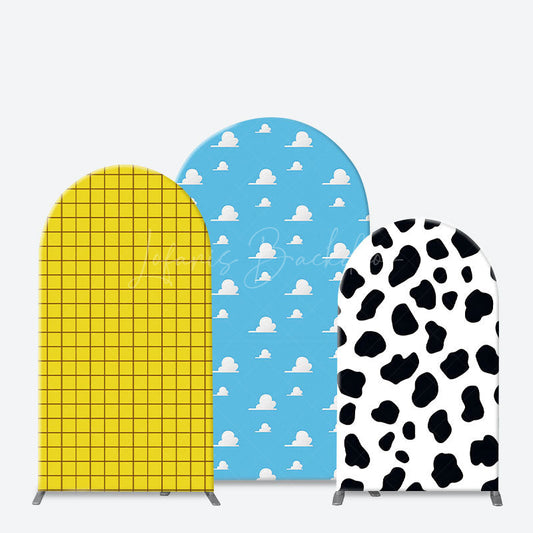 Lofaris Yellow Plaid Blue Sky Cow Birthday Arch Backdrop