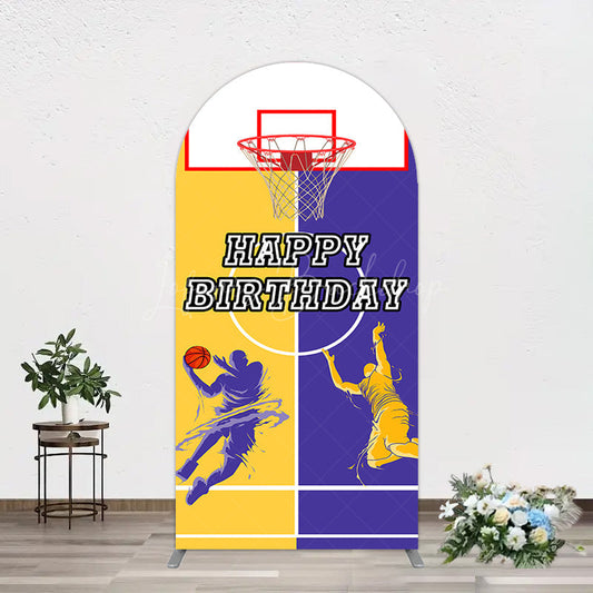Lofaris Yellow Purple Basketball Field Birthday Arch Backdrop