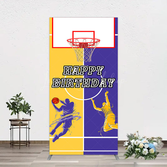 Lofaris Yellow Purple Basketball Field Birthday Rectangle Backdrop