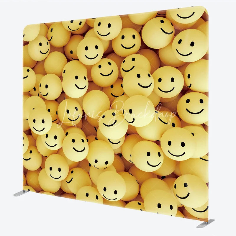 Lofaris Yellow Smile Face Tension Fabric Backdrop 3D Happy Emoticon Decor Fun Cute Theme Background for Kids Birthday Party