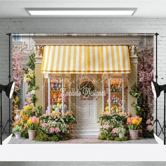 Lofaris Yellow Striped Awning Egg Shop Easter Photography Backdrop Spring Flowers Wreath Studio Background