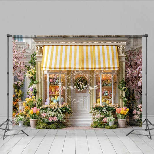 Lofaris Yellow Striped Awning Egg Shop Easter Photography Backdrop Spring Flowers Wreath Studio Background
