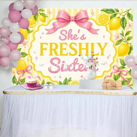 Lofaris Yellow Striped Lemon Freshly Sixteen Birthday Backdrop featuring Pink Bows and Flowers Sweet Party Decor