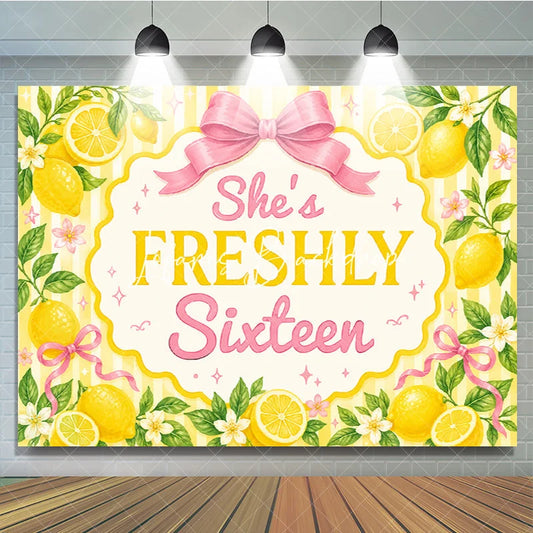 Lofaris Yellow Striped Lemon Freshly Sixteen Birthday Backdrop featuring Pink Bows and Flowers Sweet Party Decor