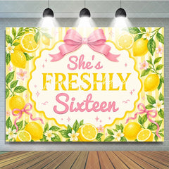 Lofaris Yellow Striped Lemon Freshly Sixteen Birthday Backdrop featuring Pink Bows and Flowers Sweet Party Decor