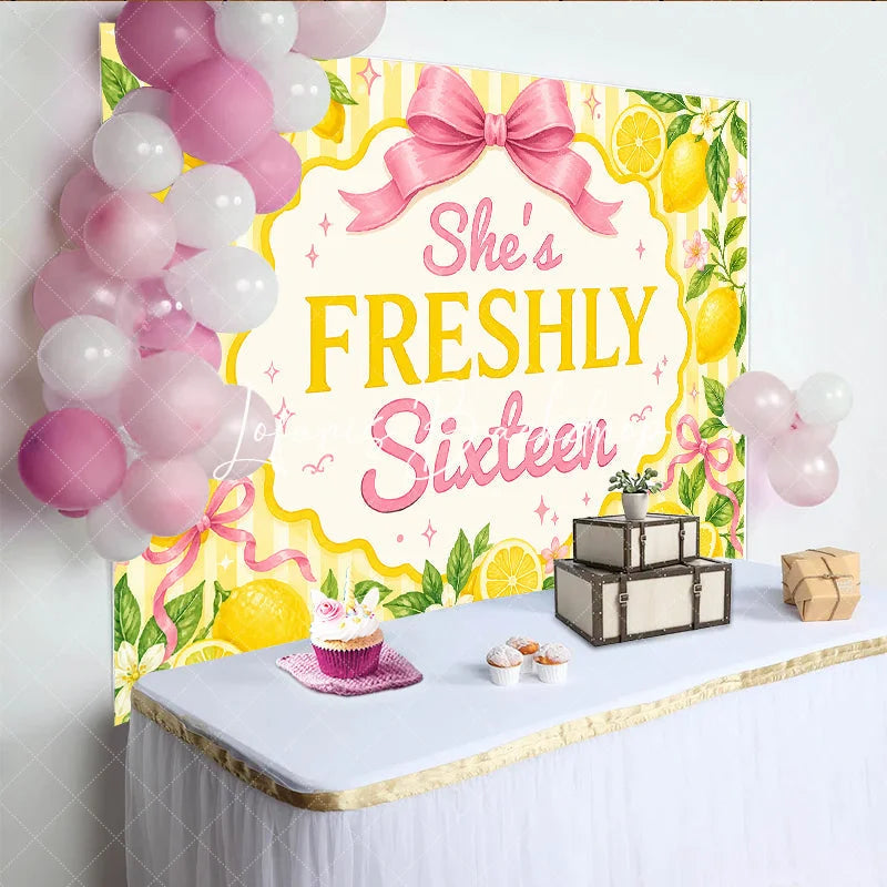 Lofaris Yellow Striped Lemon Freshly Sixteen Birthday Backdrop featuring Pink Bows and Flowers Sweet Party Decor