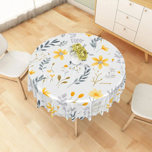 Lofaris Yellow Sunflowers and Grey Leaves Round Tablecloth Modern Floral Kitchen Dining Decor