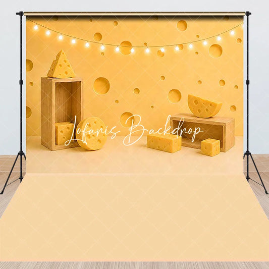 Lofaris Yellow Swiss Cheese and Wooden Crates Combo Set Backdrop Whimsical Kids Birthday Cake Smash Party Portrait Decor
