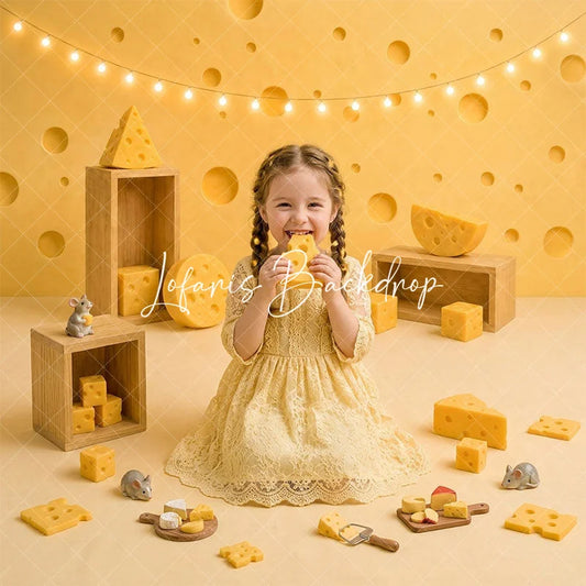 Lofaris Yellow Swiss Cheese and Wooden Crates Combo Set Backdrop Whimsical Kids Birthday Cake Smash Party Portrait Decor