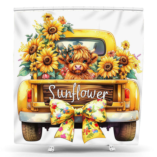 Lofaris Yellow Truck Cow Bow Sunflower Summer Shower Curtain