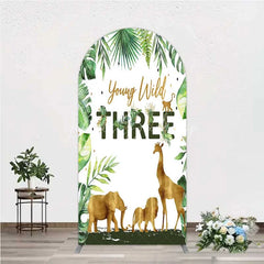 Lofaris Young Wild Three Arch Backdrop Safari Jungle Animals and Tropical Leaves Background 3rd Birthday One Party Decor