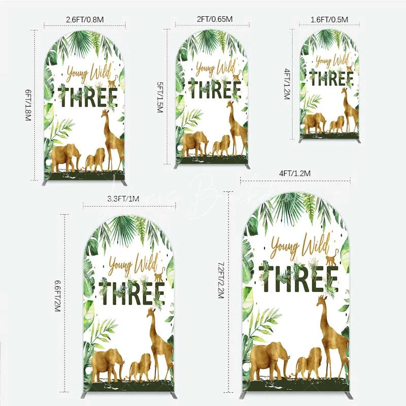 Lofaris Young Wild Three Arch Backdrop Safari Jungle Animals and Tropical Leaves Background 3rd Birthday One Party Decor