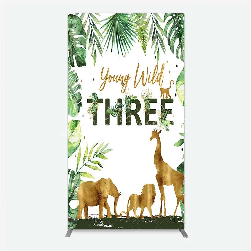 Lofaris Young Wild Three Rectangle Backdrop Safari Jungle Animals and Tropical Leaves Background 3rd Birthday One Party Decor