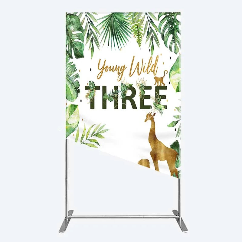 Lofaris Young Wild Three Rectangle Backdrop Safari Jungle Animals and Tropical Leaves Background 3rd Birthday One Party Decor